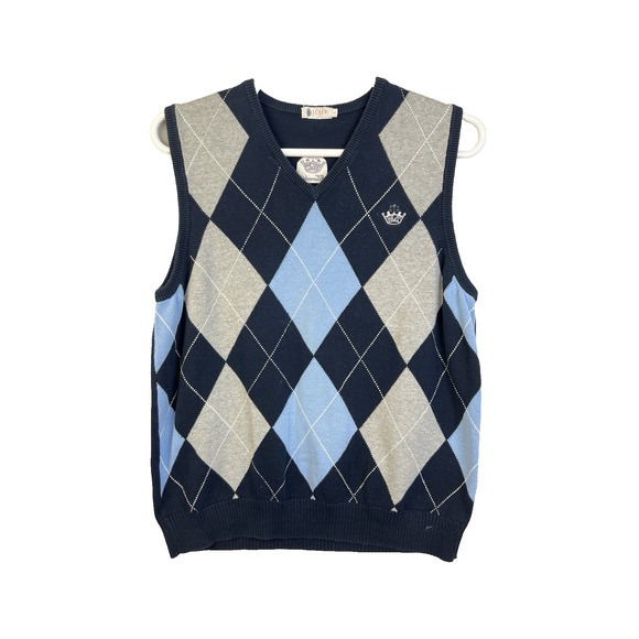 J Crew Argyle Sweater Vest Men Large Blue Crown Embroidery V Neck Cotton Preppy - Picture 1 of 10